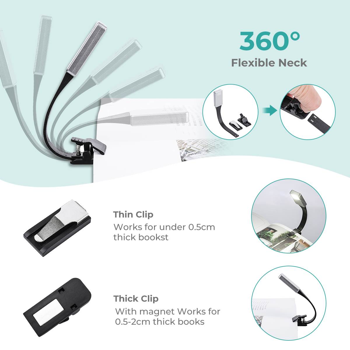 Lámpara de lectura para libros 360 Clip de lámpara de luz delgada iluminación blanca cálida Flexible de lectura electrónica de libro luz USB recargable para Kindle
