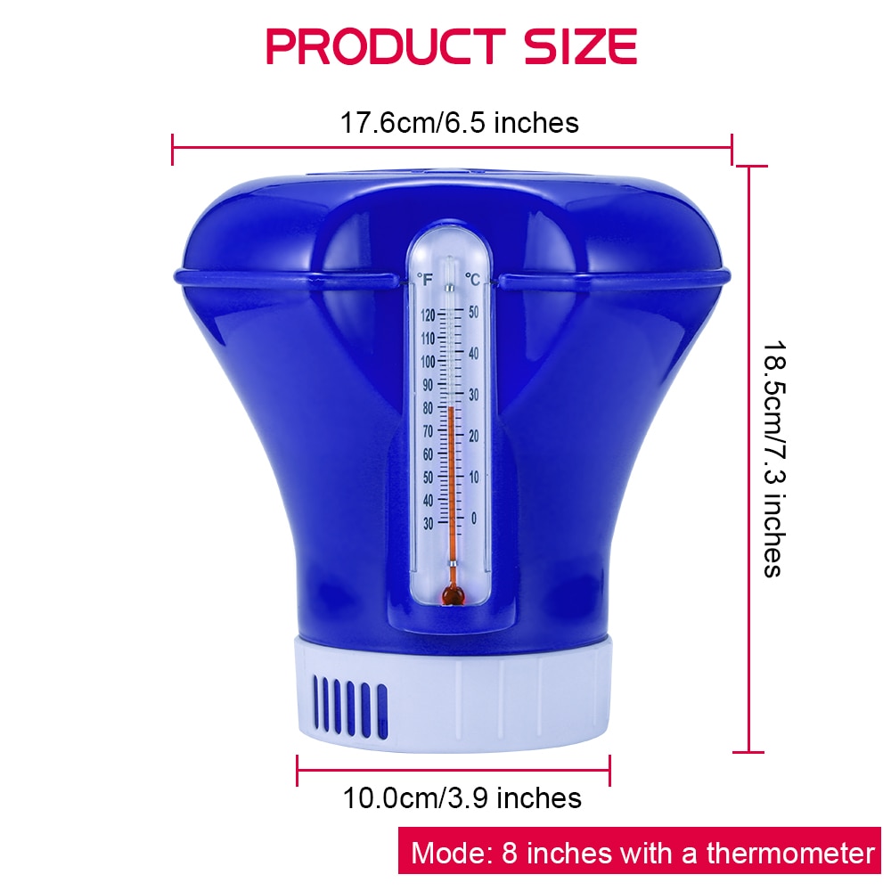5/8 Inch Swimming Pool Floating Chemical Chlorine Dispenser With Thermometer Disinfection Automatic Applicator Pump: 8 inches thermometer