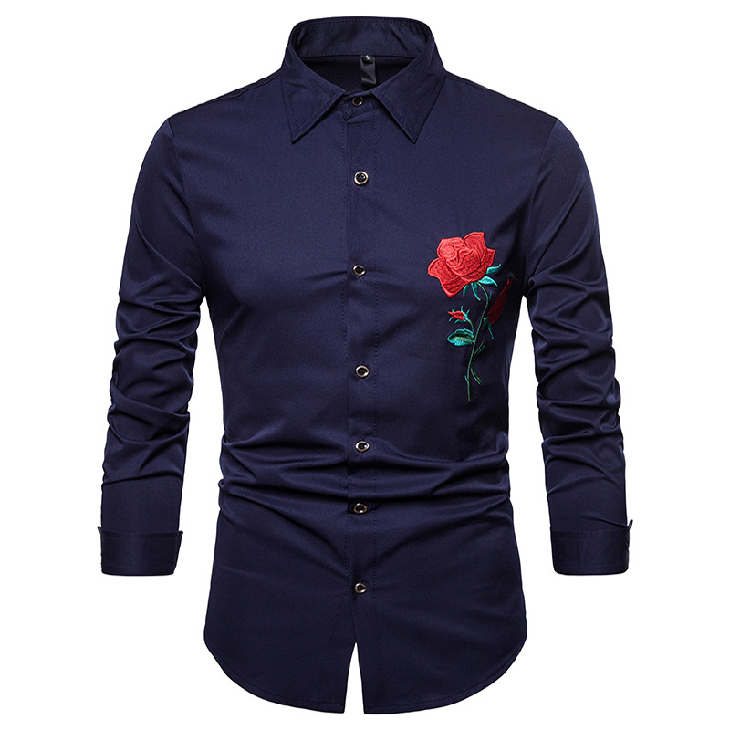Mens Hipster Red Rose Borduren Shirt Mannen Camisa Masculina Casual Lange Mouwen Slim Chemise Homme Business Camisas Hombre: navy / USA M