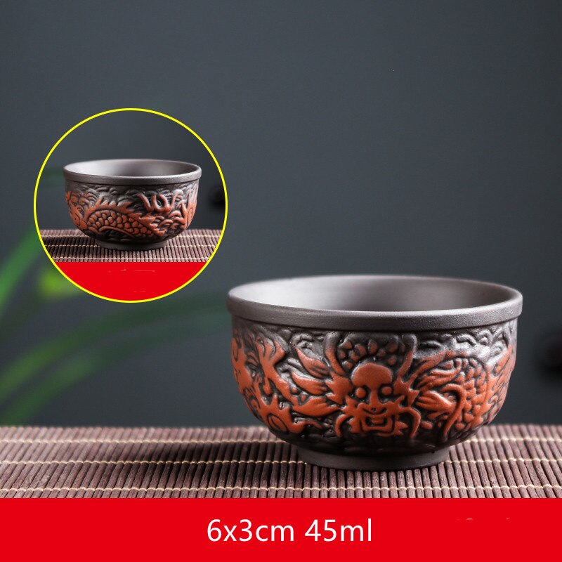Yixing-tazas de té de arcilla púrpura de dragón tallado a mano, taza maestra china, suministros para beber para el hogar, 4 piezas: D