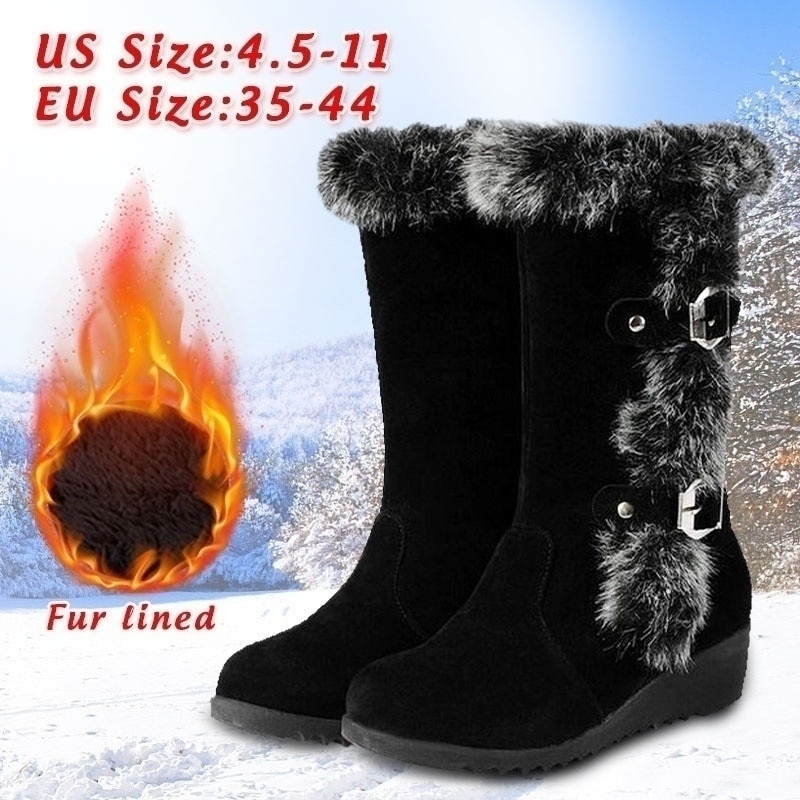 Vinter mid boots varmare plysch dam platta skor solid fuskpäls skor flickor långa stövlar kvinnliga snökängor kvinna