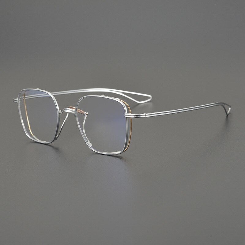 Pure Titanium Men Myopia Glasses Frame Square Optical Prescription Eyeglasses Japanese Handmade Gold-Rimmed Ultralight Eyewear: Silver