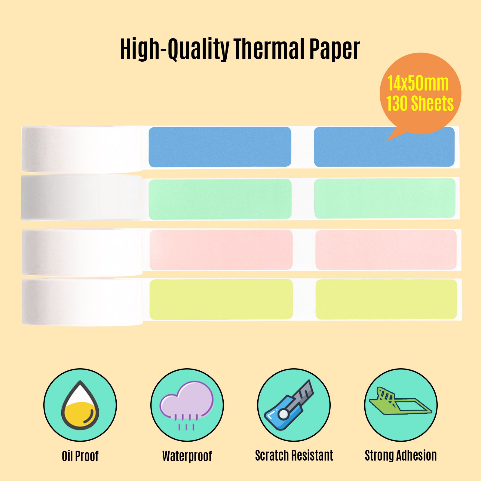 Aibecy Color Label Paper Self-Adhesive Thermal Paper Roll 14*50mm 130sheets/roll Compatible with Phomemo D30 Thermal Printer