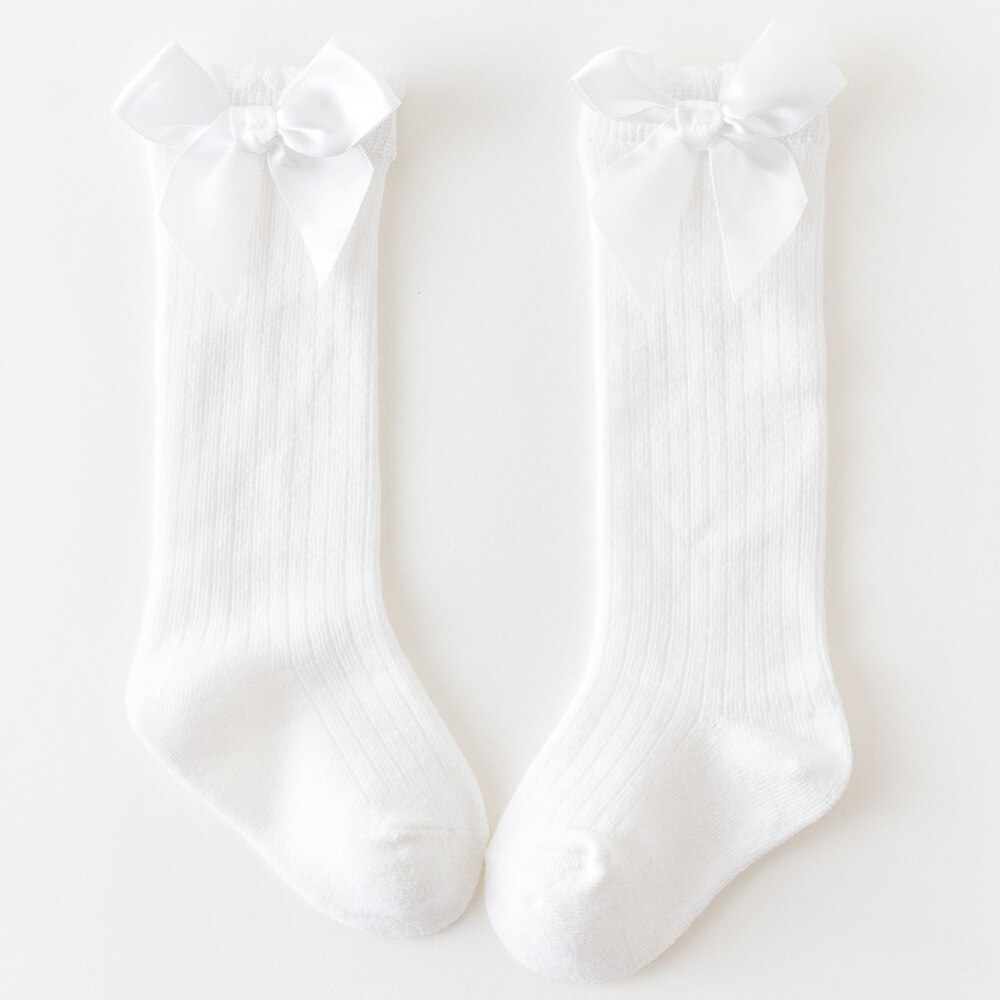 Balleenshiny – chaussettes pour enfants, en coton, avec gros nœud aux genoux, longues et douces, en dentelle, pour bébés filles: WHITE / for 0-1year