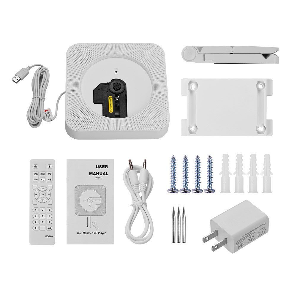 Portable wall-mounted CD player music amplifier audio with remote control support BT / USB / FM mode multiple models plug: White  US Plug