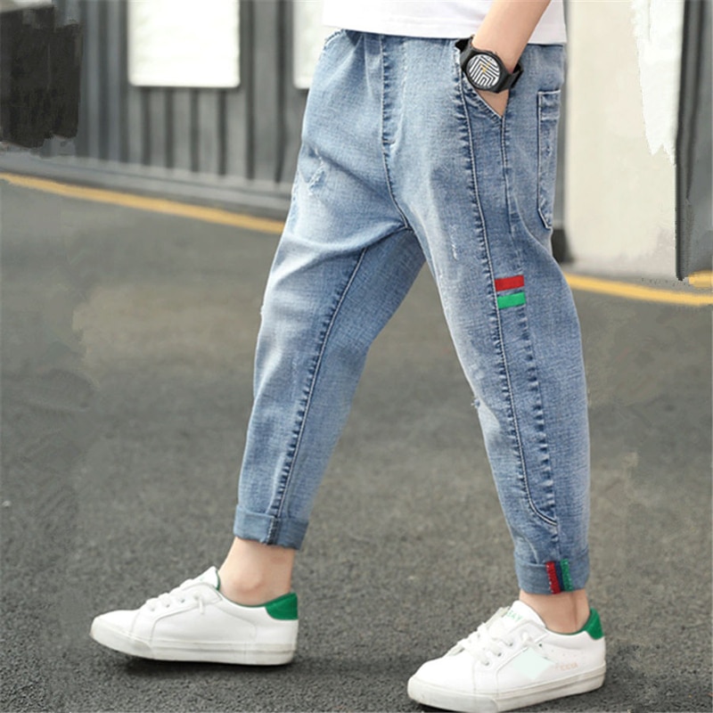 DIIMUU Spring Autumn Kids Boys Jeans Long Pants Young Casual Denim Trousers Elastic Waist Cowboy