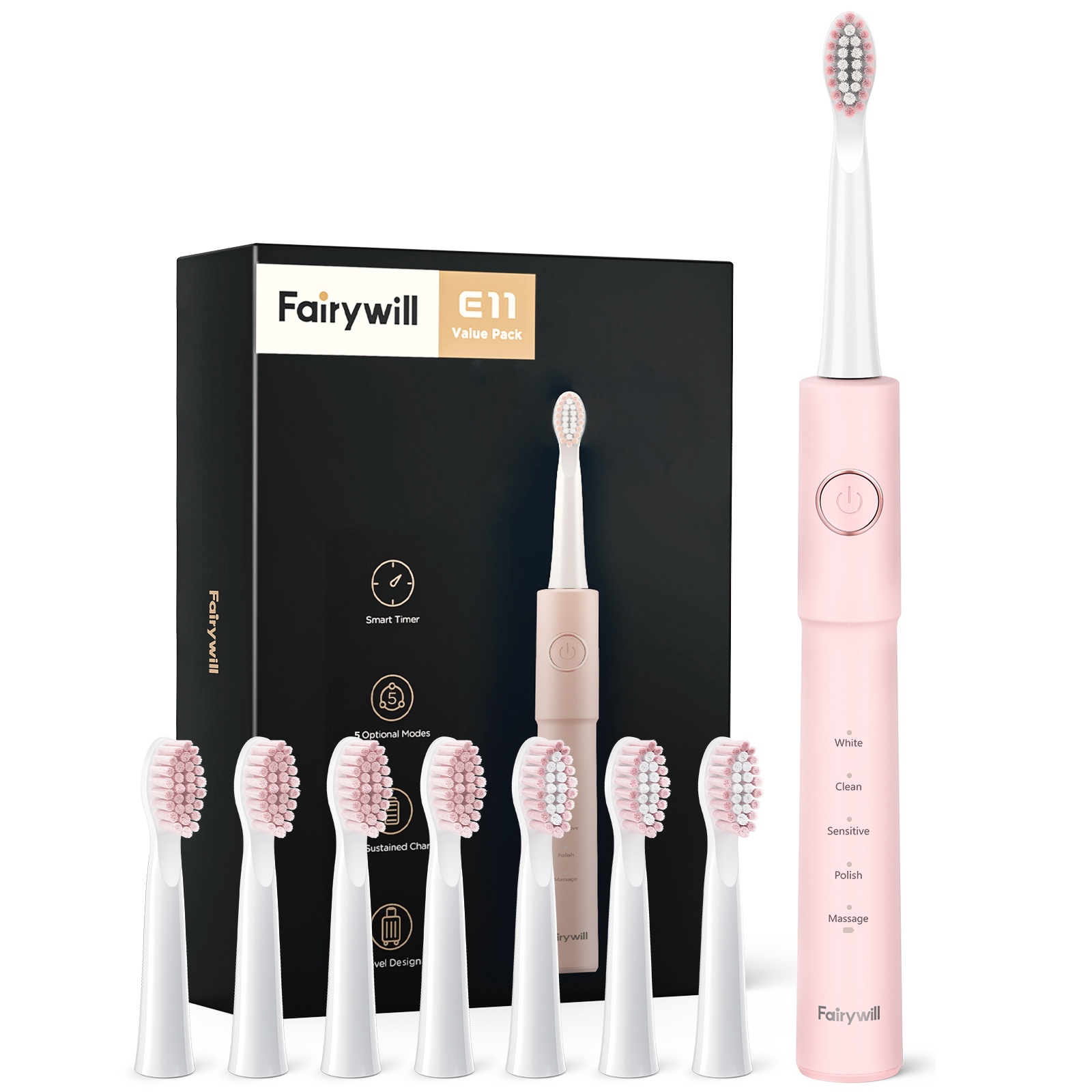 Fairywill-cepillo de dientes eléctrico sónico E11, resistente al agua, carga USB, recargable, 8 cabezales de repuesto para adultos: Rosa