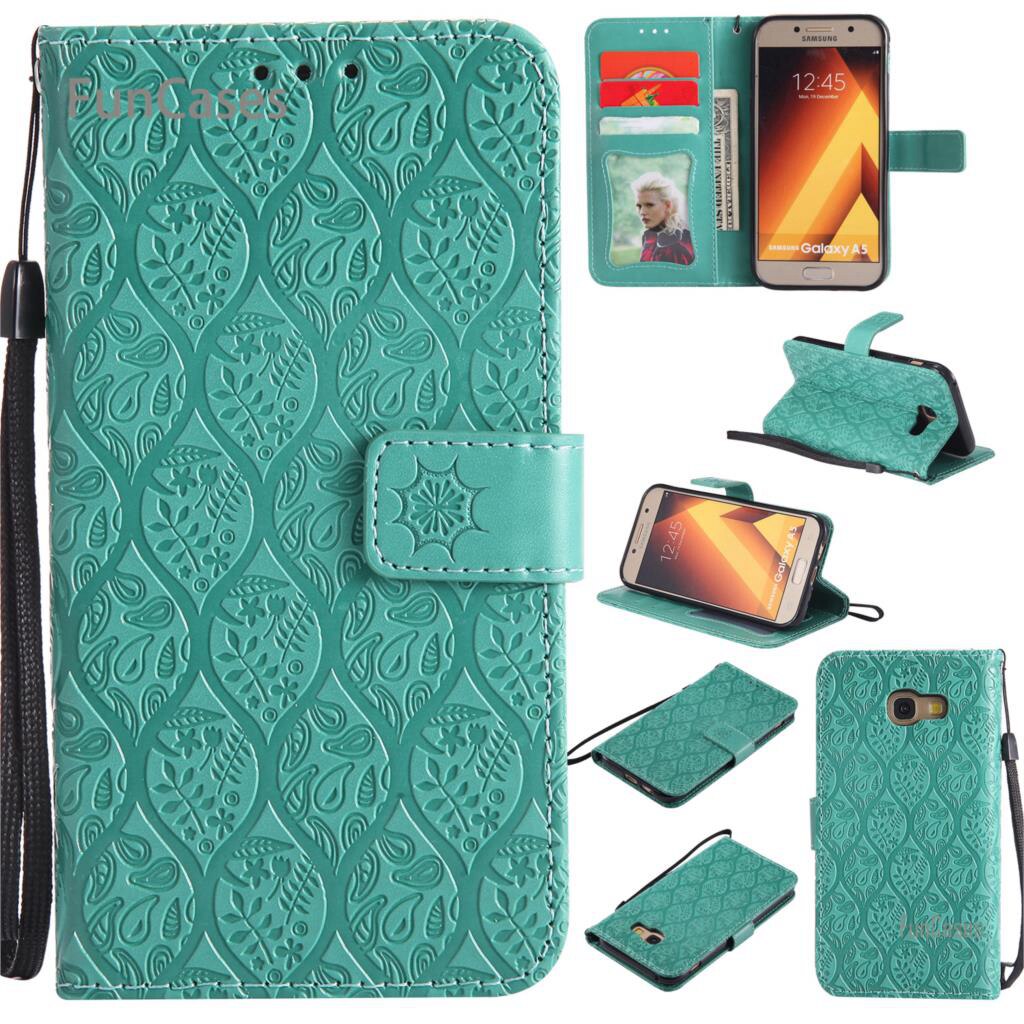 Funda con tapa en relieve de vid para Ajax Samsung A5 funda de teléfono de cuero de poliuretano Vintage funda de diamantes de imitación para Samsung Galaxy A520 Tok: Green