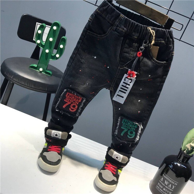Barn jeans tryck plus sammet varma jeans för pojke patchwork målade byxor höst vinter tjocka jeans baby boy byxor: 5t