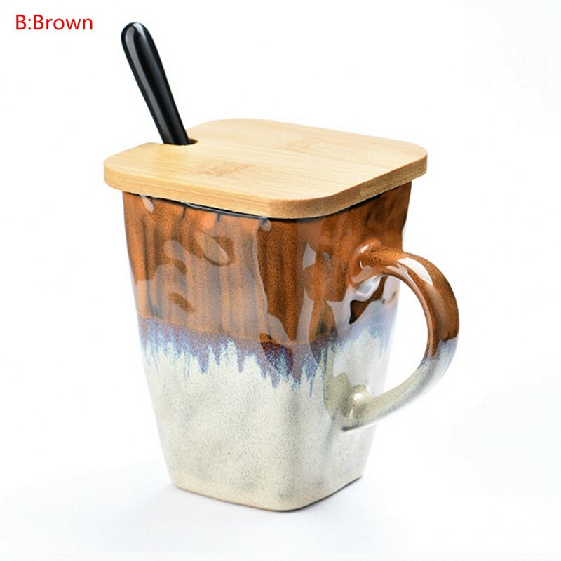 Retro Personality Square Cup Ceramic Cup Large Capacity Mug With Spoon Coffee Cup Household Couple Cup Cups And Mugs: B Brown