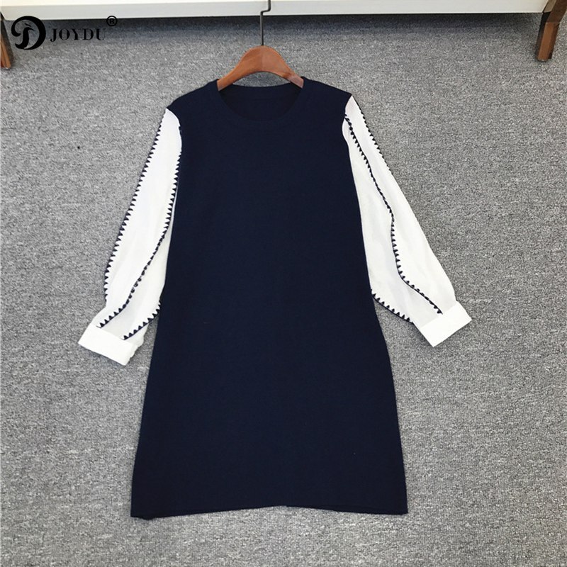 JOYDU vestidos Winter Lantaarn Mouw Patchwork Office Party Jurken Slim Chic Gebreide Trui Jurk: Navy / M