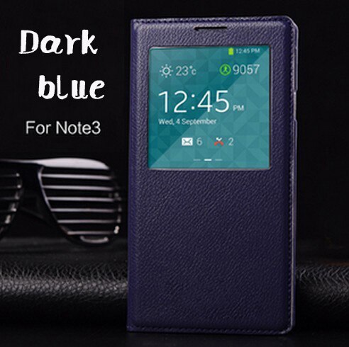 Flip Cover Leather Phone Case For Samsung Galaxy Note 3 Note3 Not III SM 9005 N900 N9005 SM-N900 SM-N9005 Smart View Sleep Wake: Dark blue