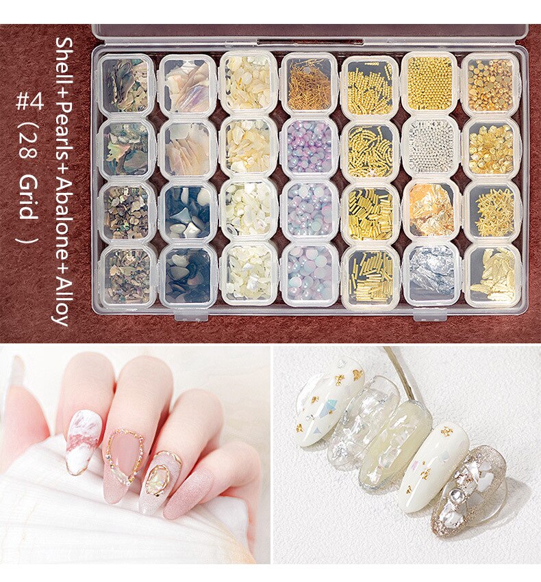 28 rutnät/uppsättning naglar glitter halv pärla nit nitar legering set för 3d pärlor diy hem nagelkonst dekoration smycken pärla leverantör: 004