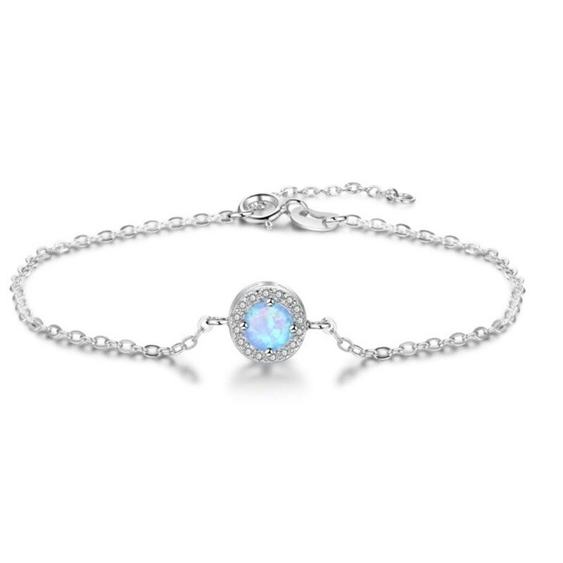 Romantic Round Blue Opal Chain Bracelets Women Cubic Zirconia Fine Jewelry