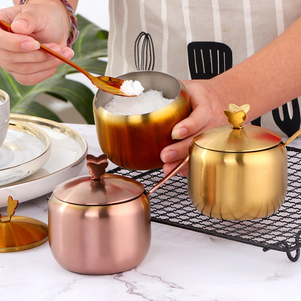 Rostfritt stål shaker och peppar shaker med lock och sked kryddor gryta socker skål salt kök arrangör förvaringsverktyg