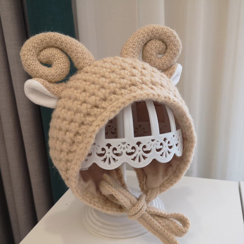 Winter gebreide warme babymuts schattige shofar baby jongen meisje muts oorbescherming mutsen effen kleur kinderen kindermutsen: Beige
