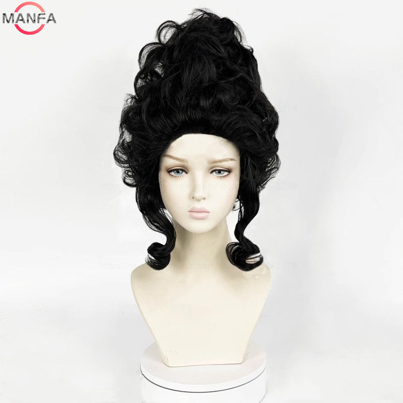 Pelucas de Cosplay de María Antonieta, peluca de pelo sintético resistente al calor y rizado medio de princesa + gorro de peluca: Color negro natural