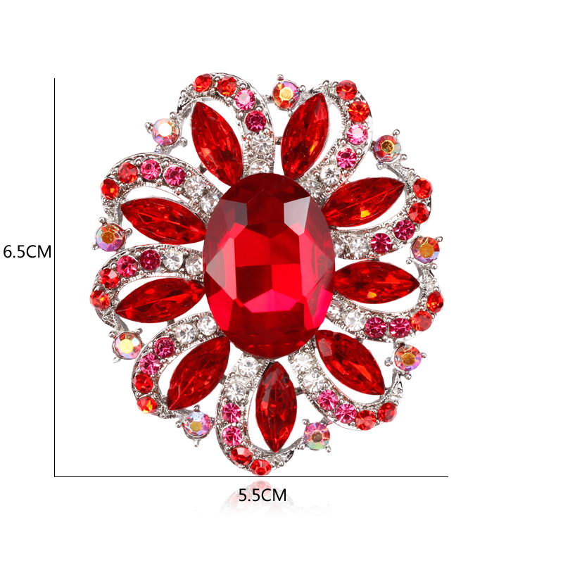 Fabriek Directe Verkoop Klassieke Kristallen Steentjes en Grote Ovale Acryl Bloem Broche Pins voor Vrouwen in Diverse Kleuren: red silver