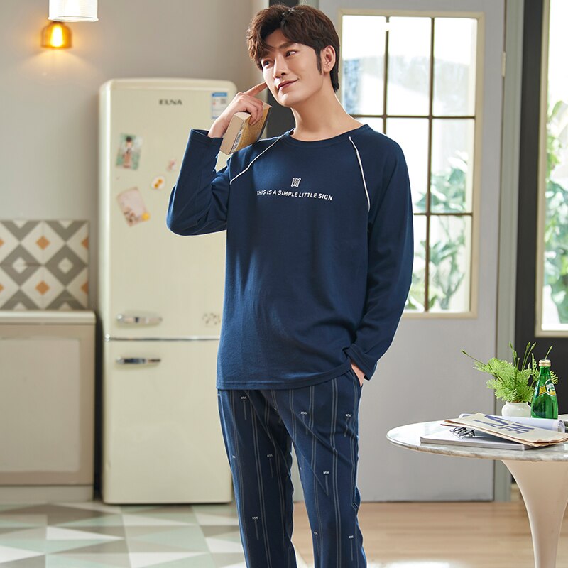 SONG Spring Autumn Men's Pajama Sets Long-sleeved Knitted Cotton Round Collar Handsome Simple Style Home Wear Pyjamas