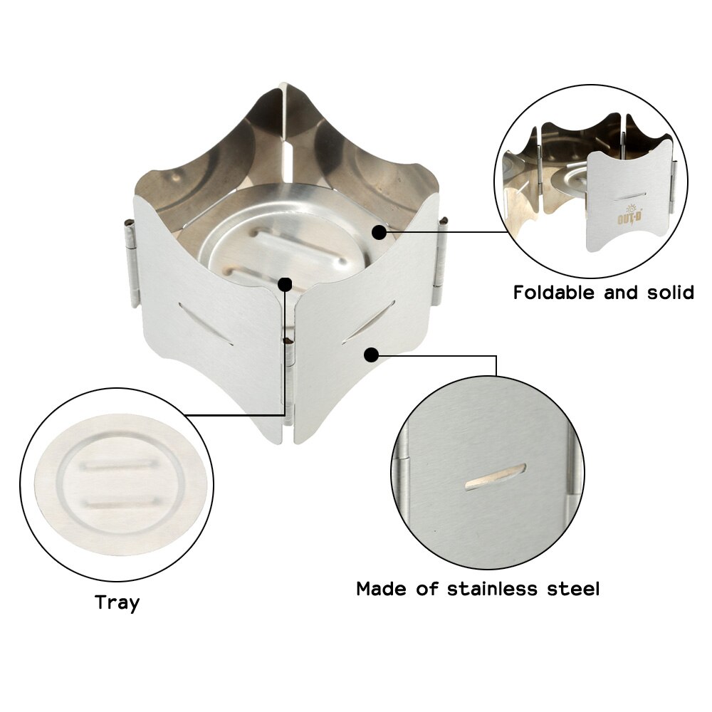 Portable Folding Stainless Steel Pot Stand with Tray Solid Fuel Stove Stand with Copper Alloy Alcohol Stove