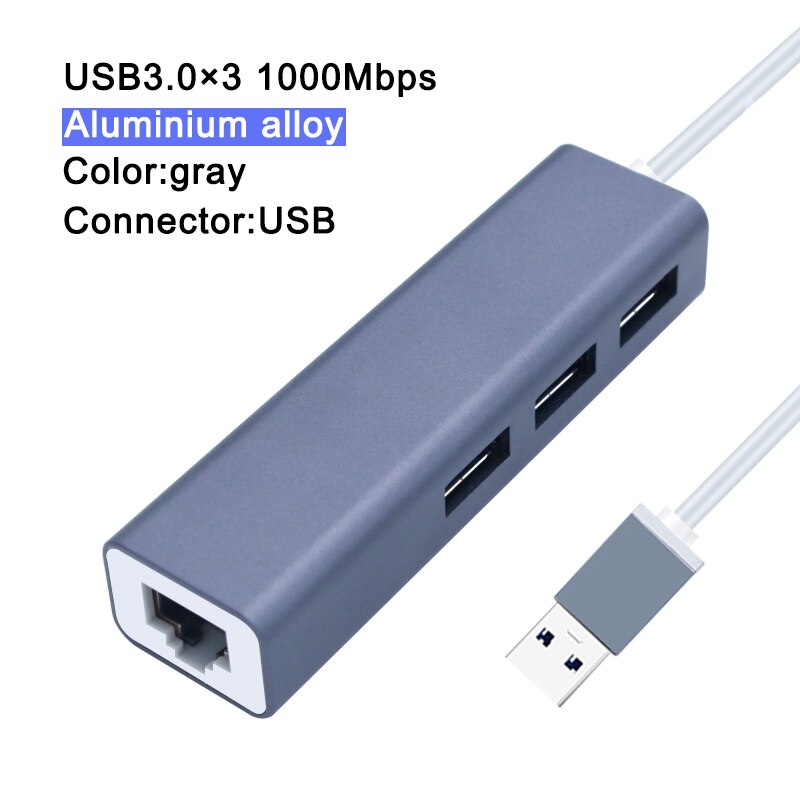USB Hub 3.0 2.0 USB Ethernet RJ45 Hub100M/1000M Ethernet Adapter Multiple Expander Hub Network Card For Macbook Windows PC: Gray USB3.0 1000M