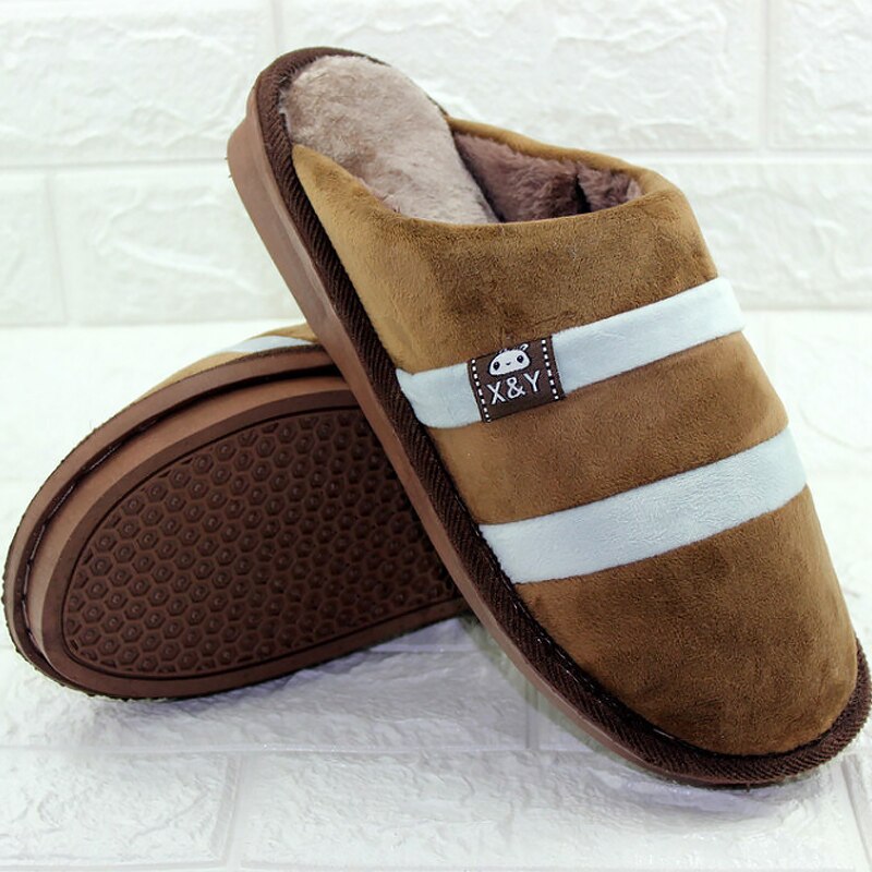 Large size 10.5-14 men's slippers plush striped soft house slippers man warm non-slip footwear man