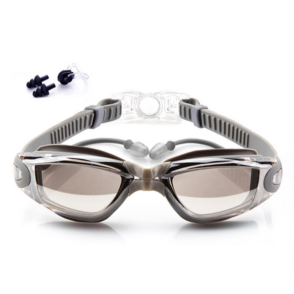 Svømmebriller ingen utæt anti-tåge uv-beskyttelse svømmebriller med næseklip øreproppebeskyttelsesetui til voksne mænd kvinder børn: Sølv