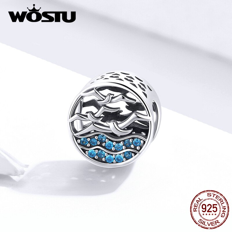 WOSTU Möwen Charme 925 Sterling Silber Blau Zirkon Runde Perlen Anhänger Fit Original Armband Halskette Schmuck CQC1454