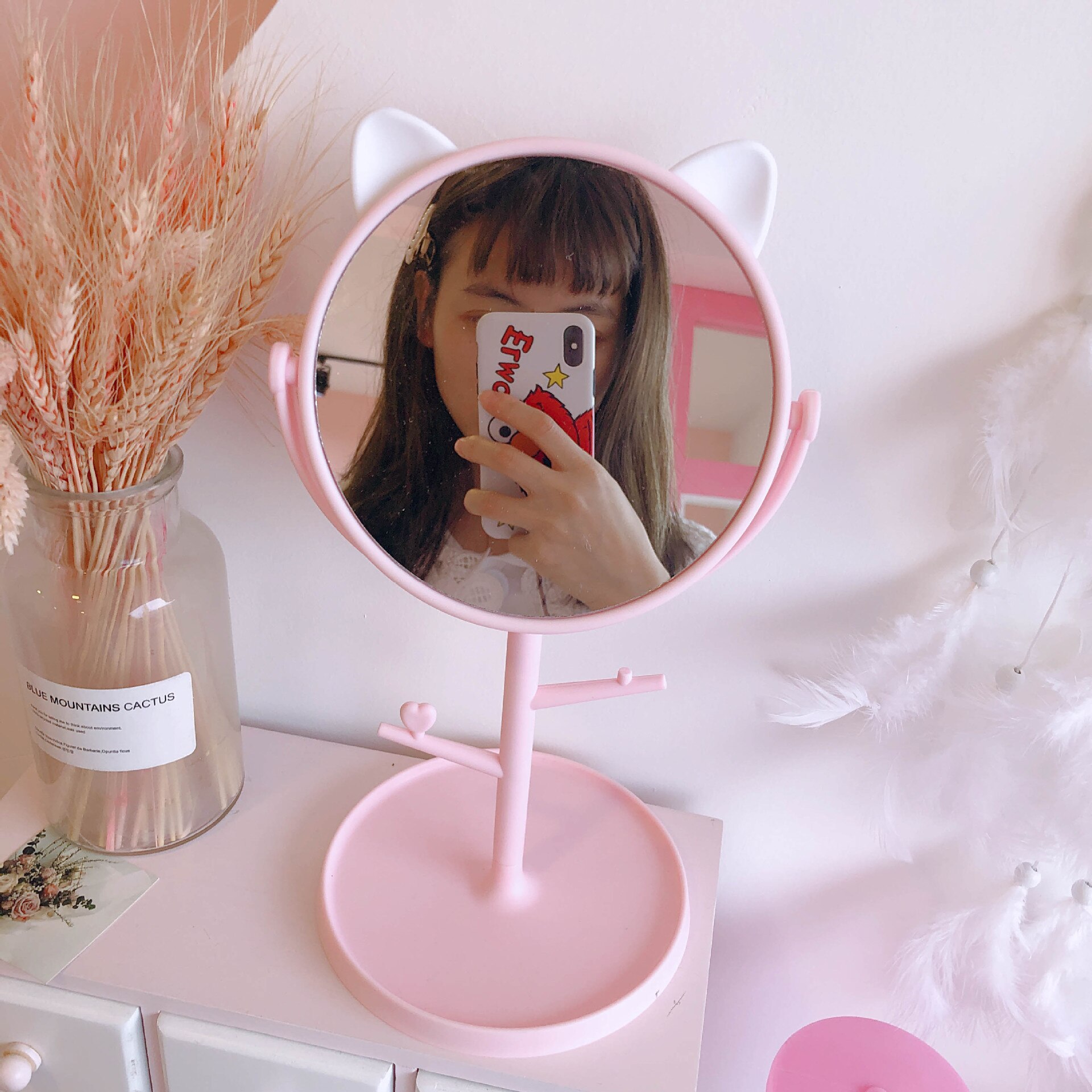 W&g beauty folde makeup spejl damer kawaii makeup makeup spejl desktop roterende spejl kat ører form kosmetiske spejle