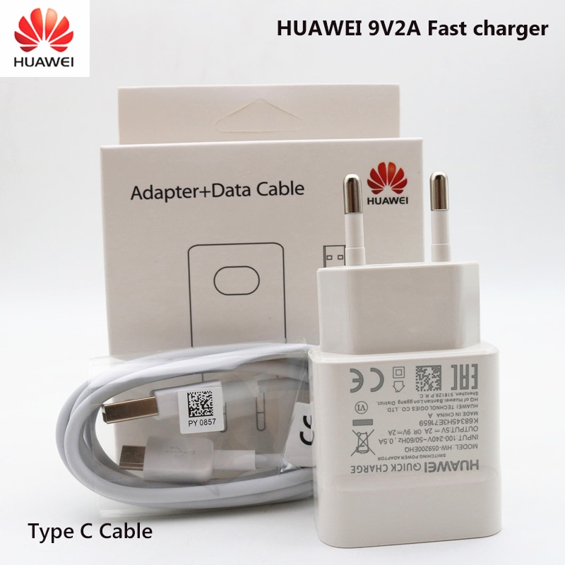 Original huawei  qc2.0 hurtigoplader 9v 2a eu-stik usb 3.1 type-c-kabel hurtigopladningsadapter til  p30 lite  p9 p10 p20 nova 3 4 4e