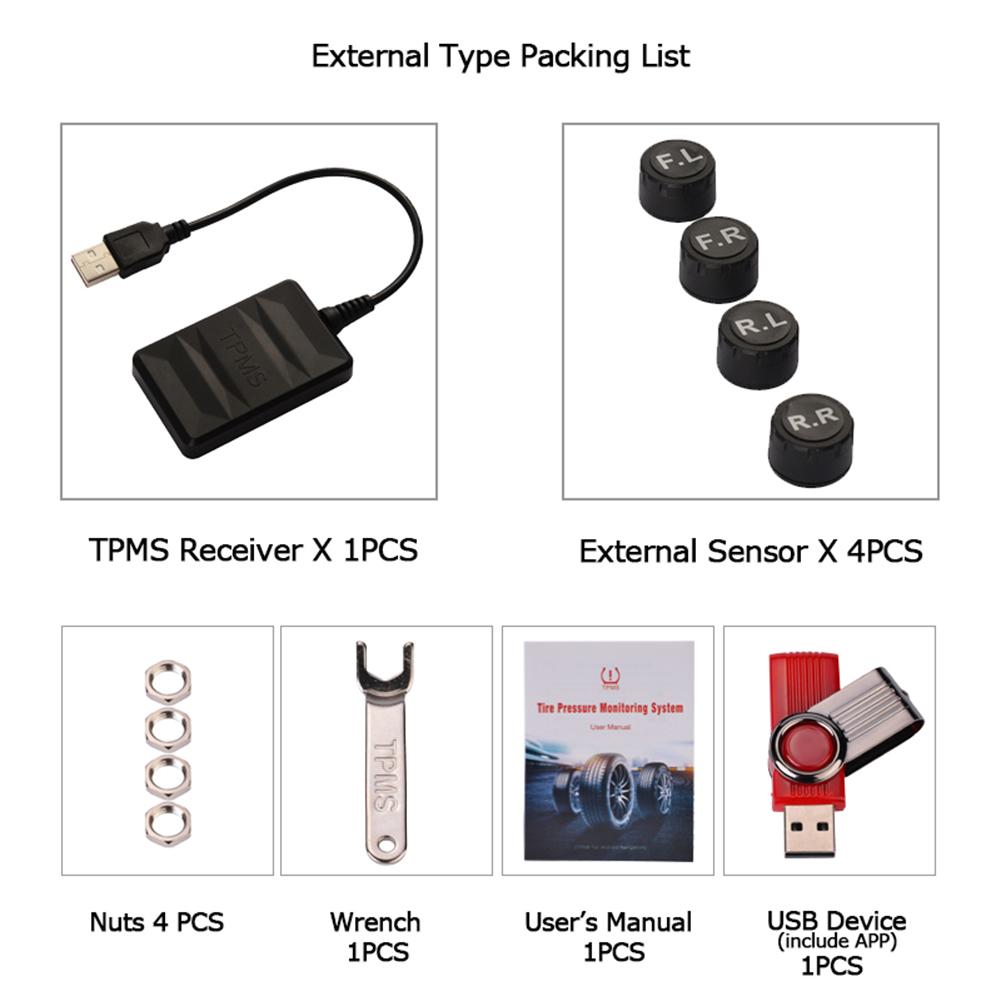 Usb android tpms däcktrycksövervakningssystem display larmsystem 4 st externa sensorer däcksensorer larmövervakningssystem