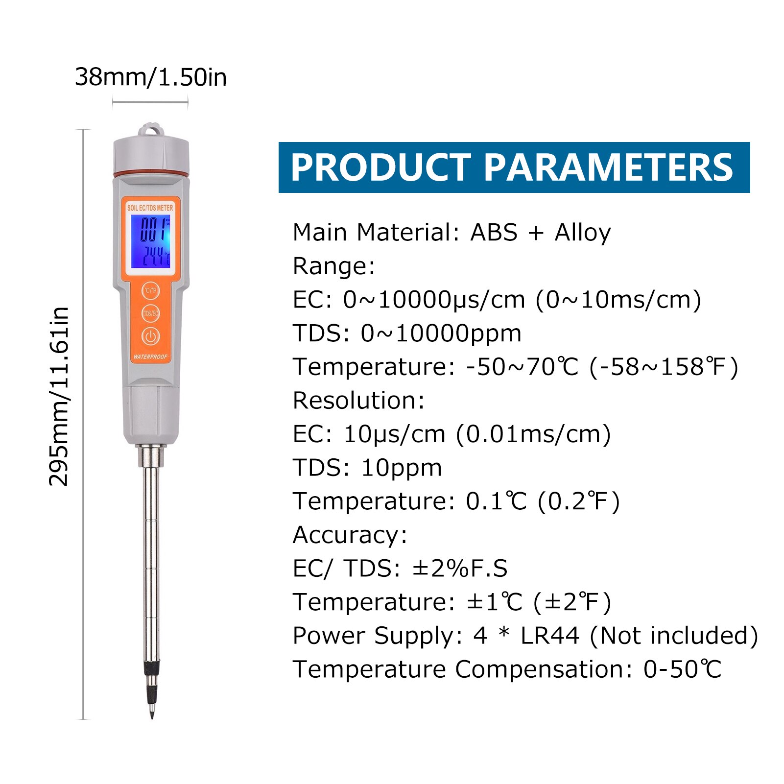 Soil Tester 3 in 1 EC/ TDS/ Temperature Digital Soil Test Probe Meter with Backlight Screen Portable Soil Salinity Tester