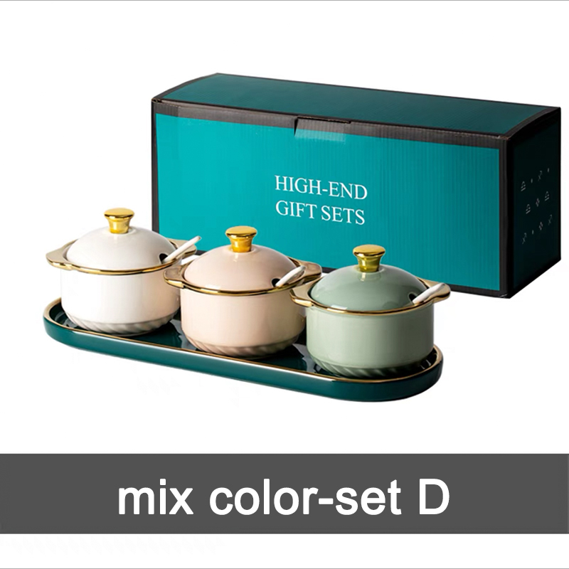 Cuenco de cerámica con tapas y cuchara para azúcar, juego de frascos de especias para condimentos de lujo, contenedor de almacenamiento de azúcar para Cocina: mix color set D