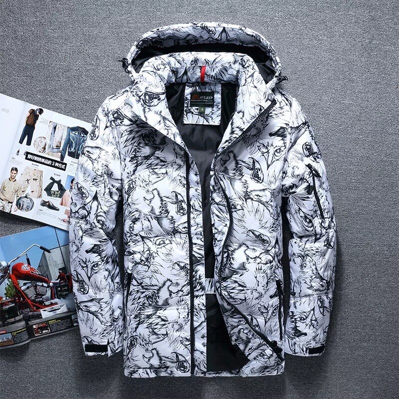 Mærke vinter tyk hvid andedun til mænd afslappet dunjakke frakke camouflage dunjakke med hætte hvid sort