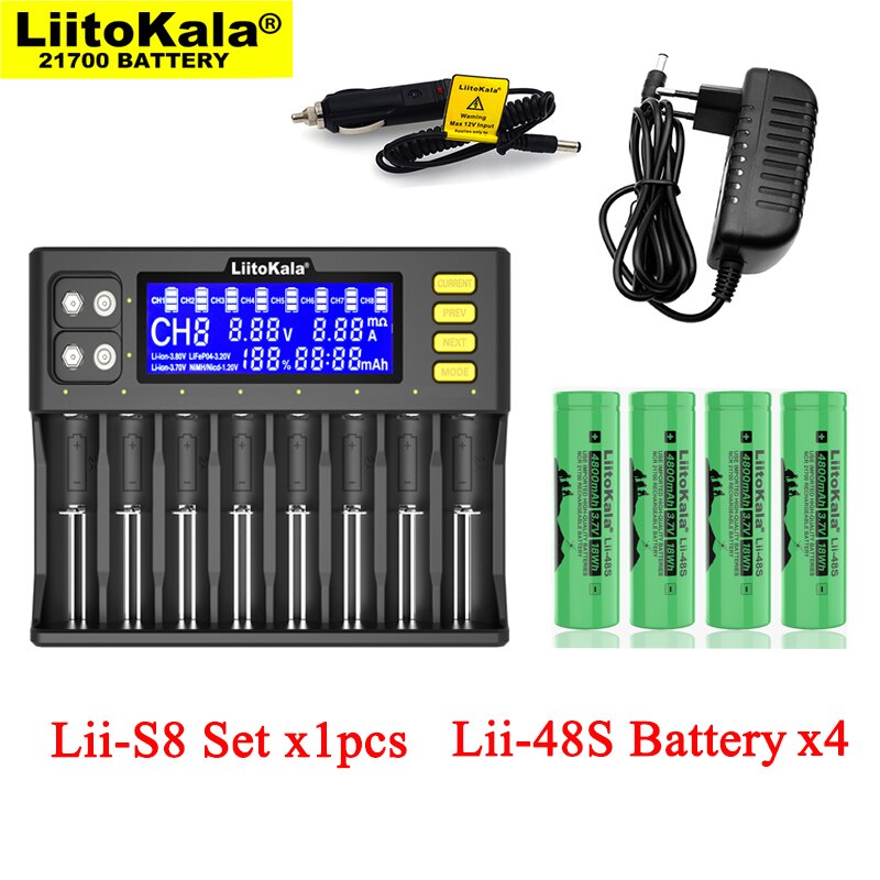 Liitokala lii -s8 akkulaturi 3.7v 18650 li- ioni 1.2v aa nimh 3.2v li-fepo 4 +  lii -48s 21700 4800 mah akut
