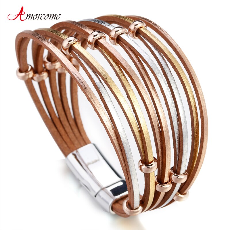 Amorcome Simple Boho Cross Net Hole Leather Bracelets for Women Crystal Metal Beads Multilayer Wide Wrap Bracelet Female Jewelry