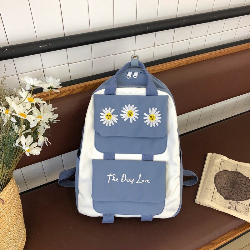 Kleine Daisy Borduurwerk Korea Packpacks Japan Bloem Junior College Hoge Tiener Schooltassen Eenvoudige Boekentas Mochilas Mujer: Blauw