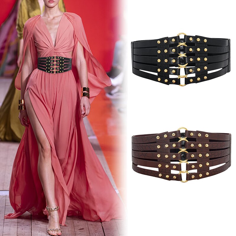 Cinturón ancho con hebilla de Metal dorado para mujer, cinturón de cuero, corsé, cinturones tipo faja