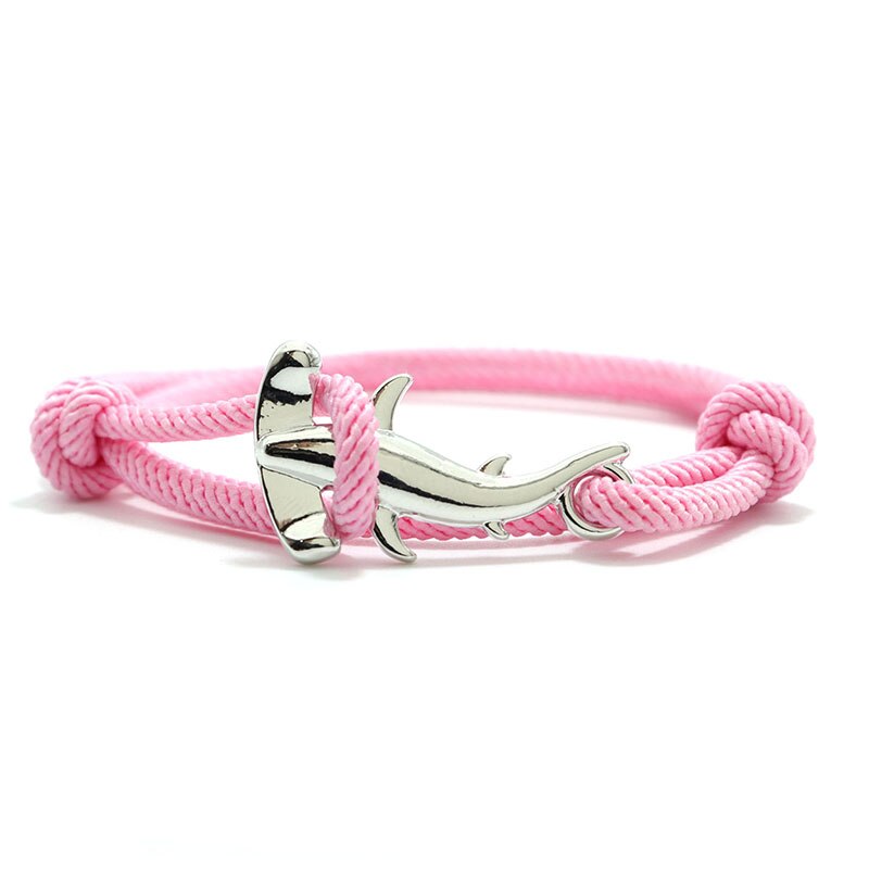 Mężczyźni bransoletka lina podwójna warstwa regulowany urok Braslet lato biżuteria plażowa Shark Braclet czerwony biały ciąg Brazalete Unisex: Pink Silver