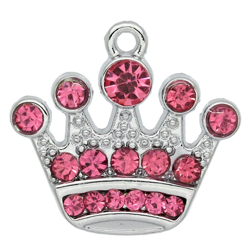 Doreen Box - Charm Pendants Crown Silver Color W/Pink Rhinestone 20x21mm,5PCs (B29101)