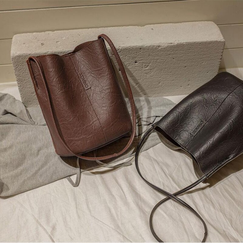 Retro bucket bag pu letaher skuldertaske stor kapacitet crossbody taske let shopping skuldertaske avanceret dame håndtaske