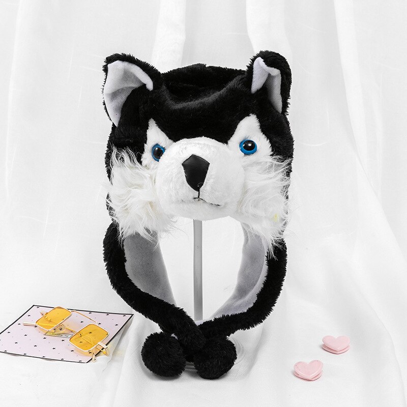 Husky Timber Wolf Cute Plush Animal Winter Hat Warm Winter: black
