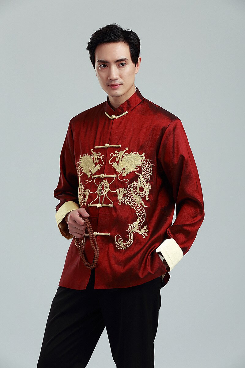 Chinese Kung Fu Geborduurde Gouden Dubbele Draak Tang Pak Mannen Met Lange Mouwen Jas Lente Herfst Leisure Kraag Jas bruce Lee: Red / XXL