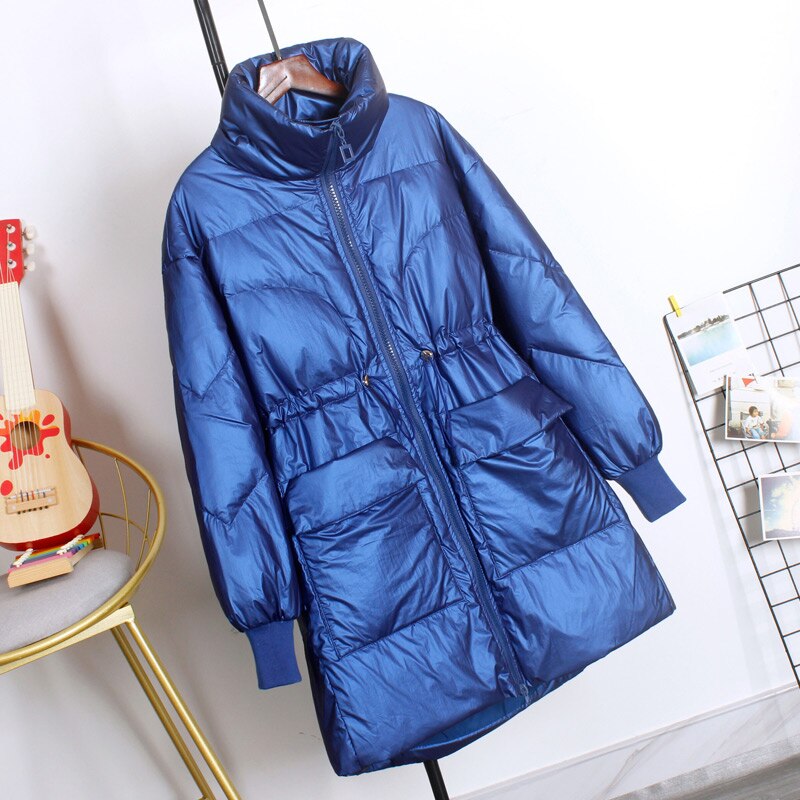 Winter dames lange witte eendendonsjas met opstaande kraag, damesmodel, warme, waterdichte en winddichte jas, grote maten: Blauw / Xl