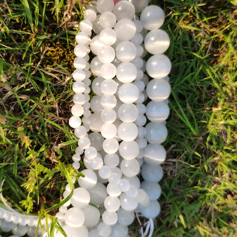 Perles en pierre de lune naturelle, perles rondes en œil de chat blanches, amples, 4/6/8/10/12mm, fabrication de bijoux fil Bracelet à bricoler soi-même 15 pouces