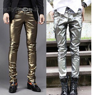 Herrmärke guld silver slim stage pu byxor / m-xxl