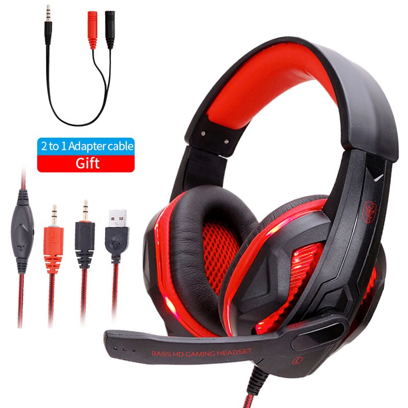 Écouteurs filaires LED avec Microphone, casque de jeu stéréo, pour PC, PS4, téléphone: PC red led