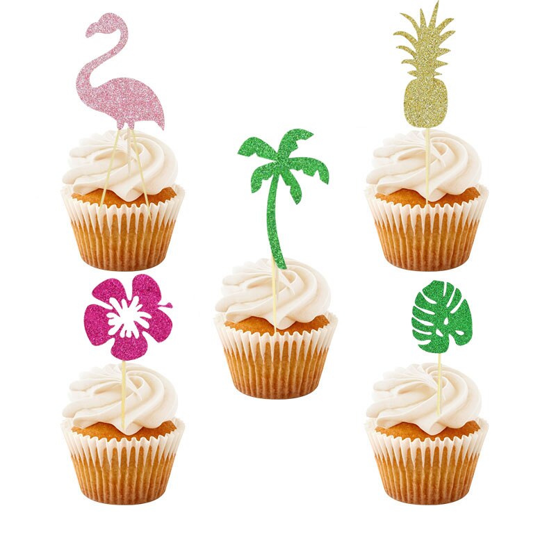 10/12Pcs Tropical Hawaii Party Green Leaf Cake Topper Flower Flamingo Cupcake Topper For Summer Jungle Birthday Party Cake Decor
