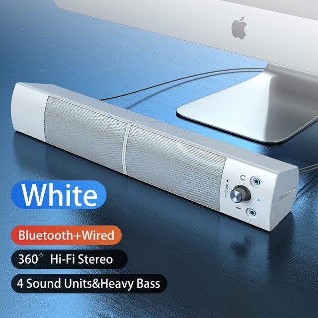 Detachable Bluetooth Speaker Microphone 2 in 1 Surround Sound soundbar For pc Laptop USB Wired Speakers for the computer: White