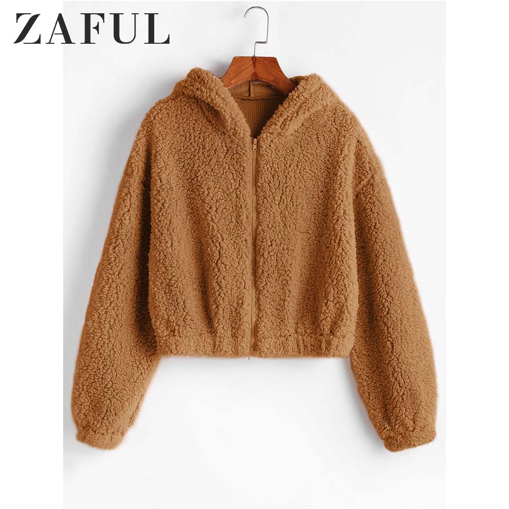 ZAFUL Hooded Zip Up Fluffy Teddy Jacket Women Faux Wide-Waisted Shearling Jacket Zipper Cute Streetwear Shoulder Top